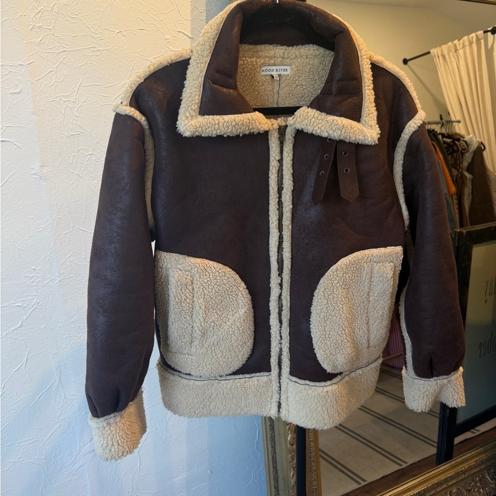 Moon River Brown and Cream Shearling Jacket